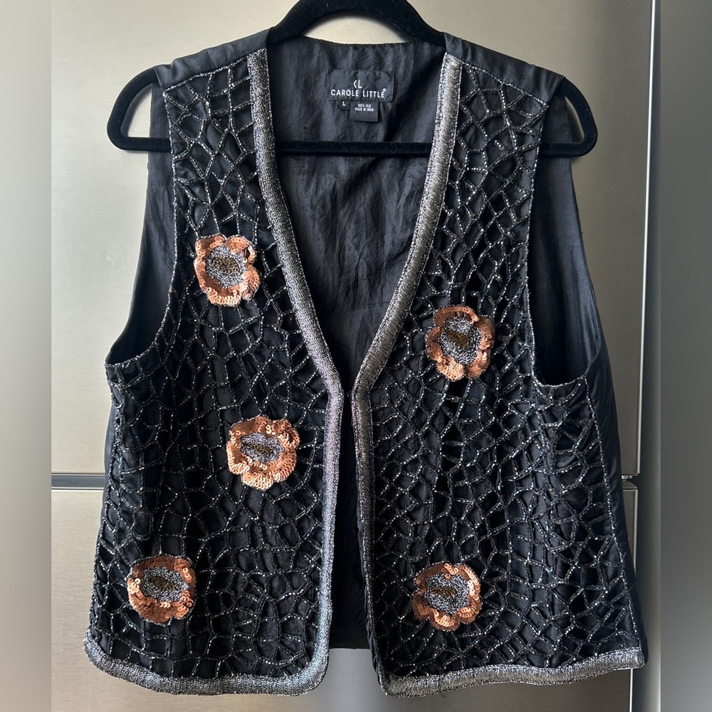 Carole Little Silk Beaded Vest Black Sequin Floral Open Front Size Large